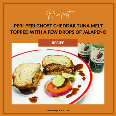 Peri-Peri Ghost Cheddar Tuna Melt with a topped with a few drops of Jalapeño