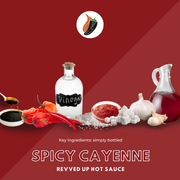 Spicy Cayenne Bomb Hot Sauce - | Revved Up. Our Spicy Cayenne hot sauce packs a punch and offers you something original for your wings, Philly cheese steaks, nachos or whatever else needs to be kicked up a notch!  Key ingredients photo: Vinegar, Cayenne Peppers, Red Wine Vinegar, Molasses, Garlic, Sugar, Worcestershire sauce