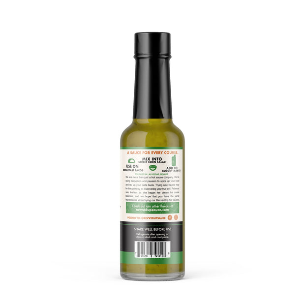 Revved up Hot Sauce. A traditional Mexican-style jalapeño sauce, similar to a verde sauce with a slightly chunky texture and robust jalapeno essence. It has a touch of sweetness from sugar cane. Heat level 5/10. Back label, breakfast tacos, street corn salad, bloody marys. 