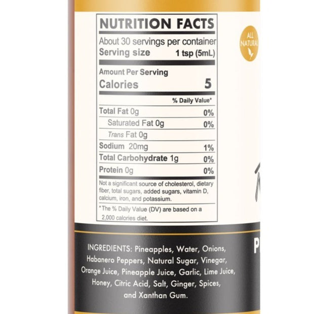 Pineapple Bomb Hot Sauce - | Revved Up. Pineapple Bomb Hot Sauce. Made with real pineapples instead of the artificial stuff typically found in other hot sauces, this zesty mixture gives your boring food new life while giving a tropical sweetness with a medium-high heat that will have your mouth watering for more.  Ingredients and nutrition label. 