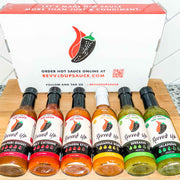 Unleash your inner daredevil with our six original hot sauces. All six. Jalapeno hot sauce. Serrano hot sauce. Pineapple Bomb hot sauce. Southern Style hot sauce. Spicy cayenne hot sauce. Peri peri ghost. Free shipping. Black background Let's make hot sauce more than just a condiment. ORder hot sauce online at revvedupsauce.com . 