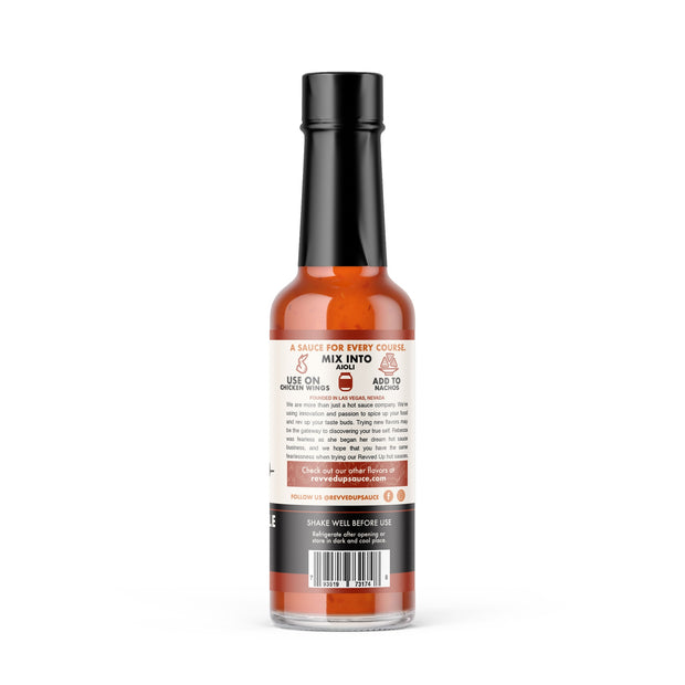 Southern Style Hot Sauce - Revved Up. This sauce is sensational for garlic lovers or anyone who likes food with a kick. Back label with recommendations on how to use the southenr style hot suace. a sauce for every course. Use on chicken wings. Mix into aioli or mayo, mayonnaise. Add to nachos. 
